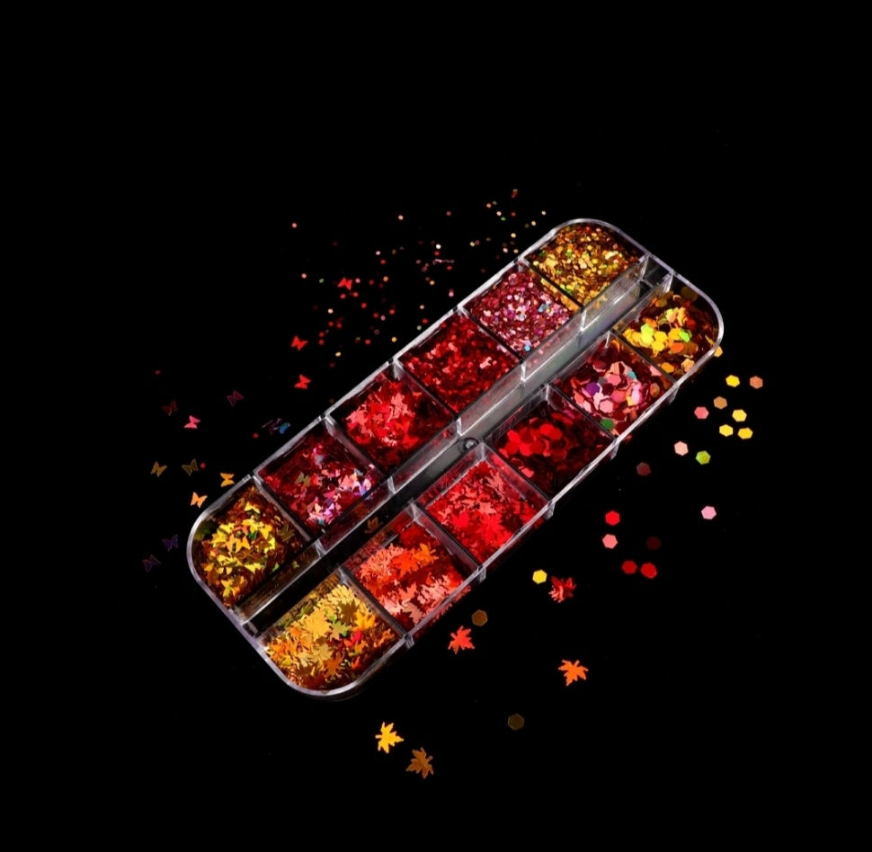 Nail art set autumn with maple leaves, butterflies and sequins